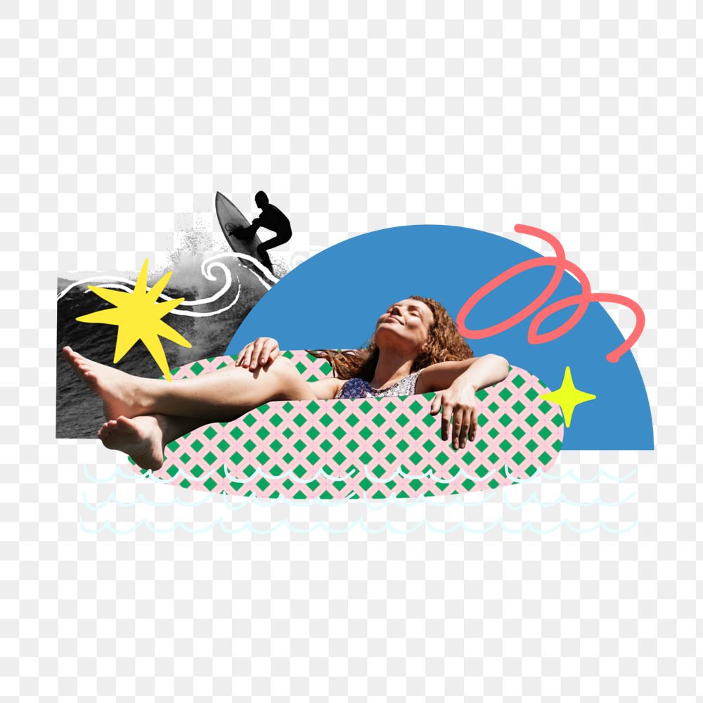 Girl on swim tube sticker, editable Summer collage element remix