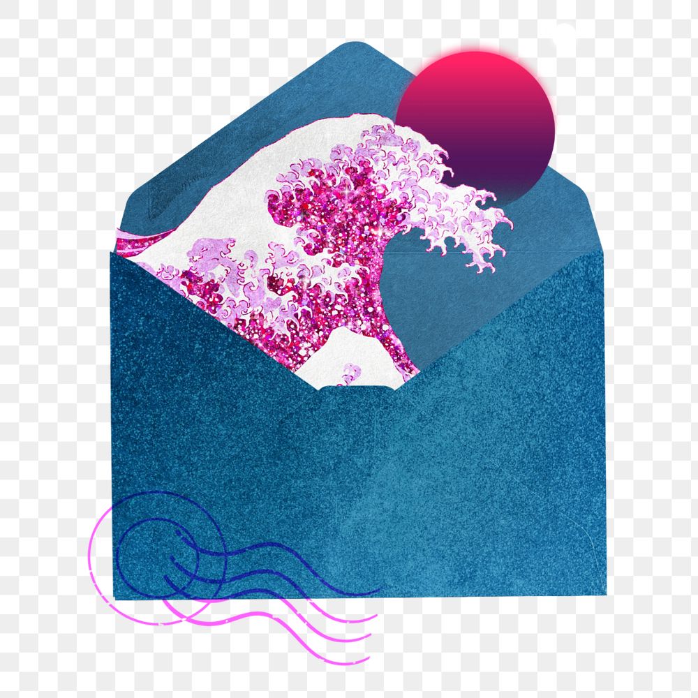 Hokusai's pink wave in letter sticker. Remixed by rawpixel