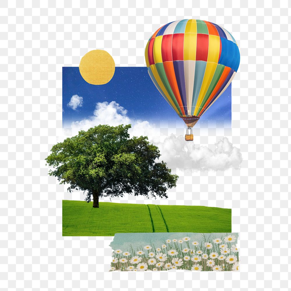 Summer travel collage element, hot air balloon design