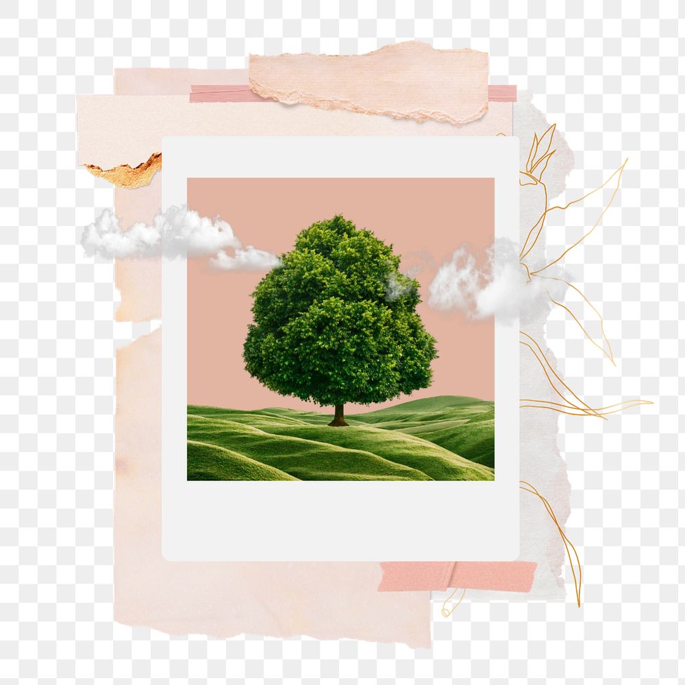 Tree instant photo sticker, pink ripped paper