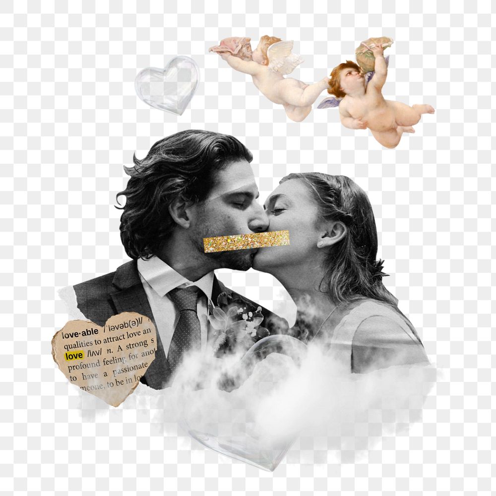 Vintage couple kissing collage element, bw design