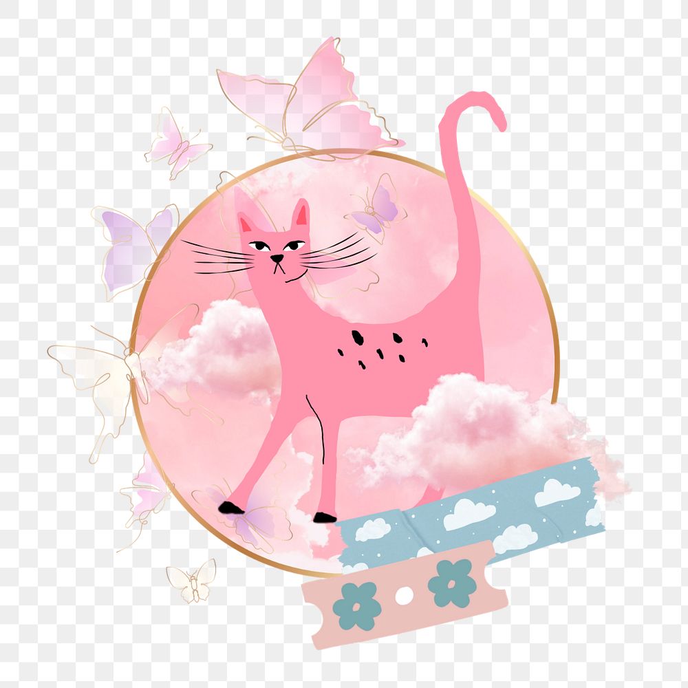 Pink cartoon cat, dreamy collage element