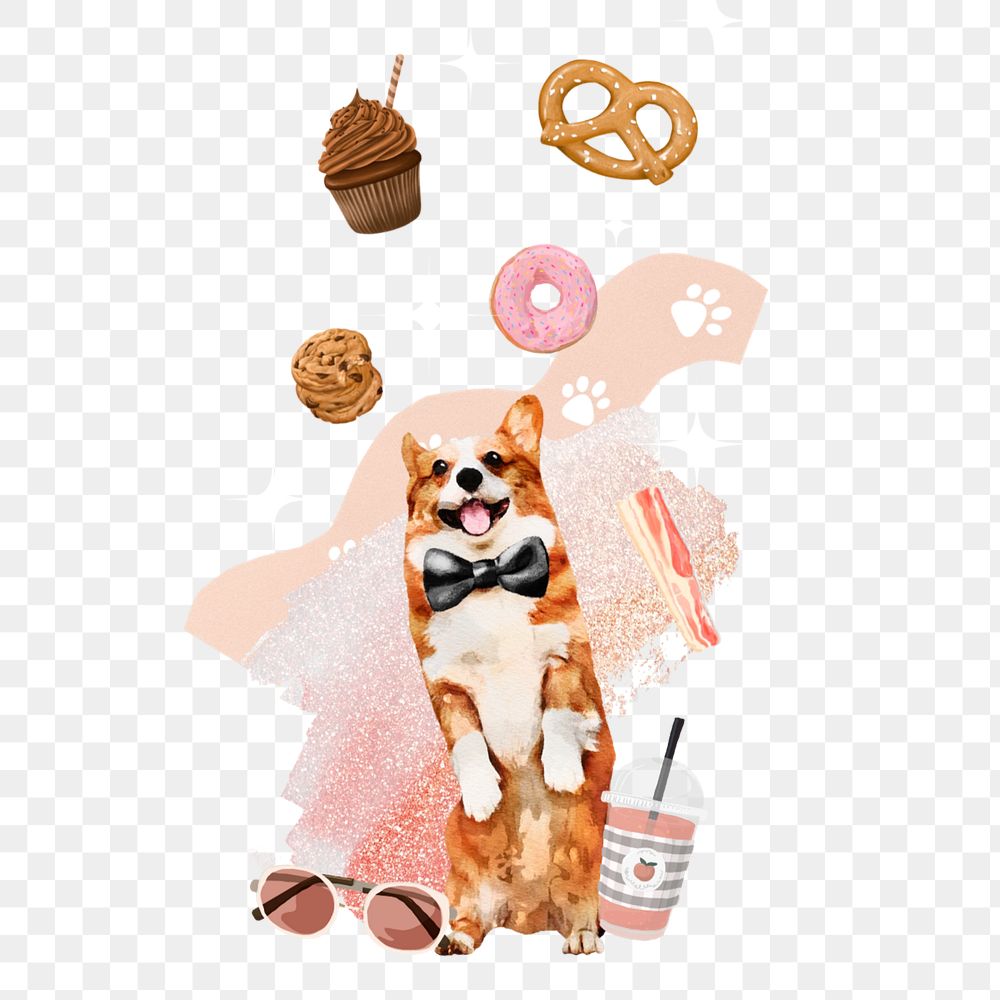 Corgi dog, food lover aesthetic collage element