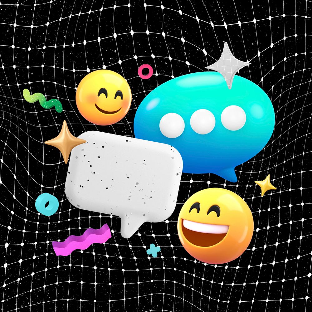 3D texting emoticons, black distorted grid, editable design