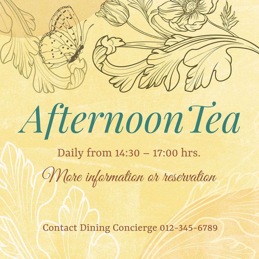 Afternoon tea Instagram post template, editable floral yellow design