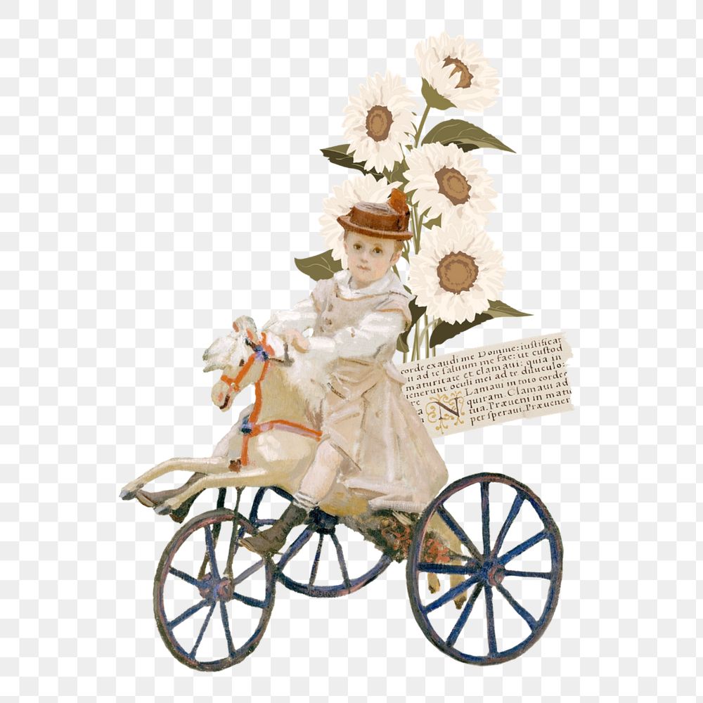 Girl riding tricycle, vintage collage element