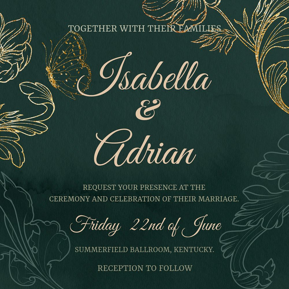 Wedding invitation Instagram post template, editable floral green design