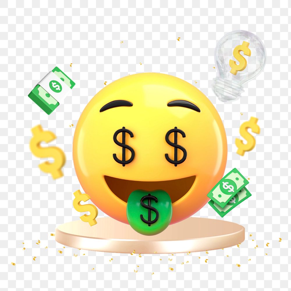 Money-mouth face 3D emoticon, growing revenue business graphic, editable design