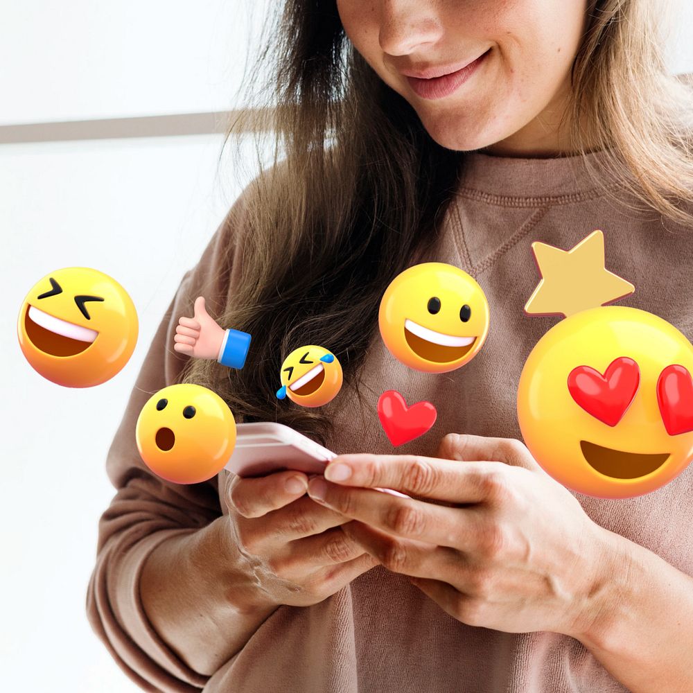 3D social media engagement emoticons, woman using phone remix