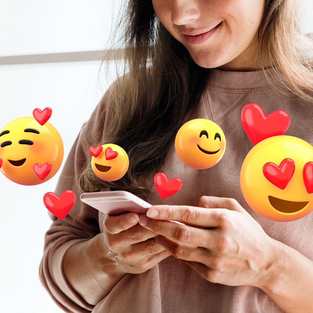 Happy woman sending love emoticons, Valentine's 3D remix