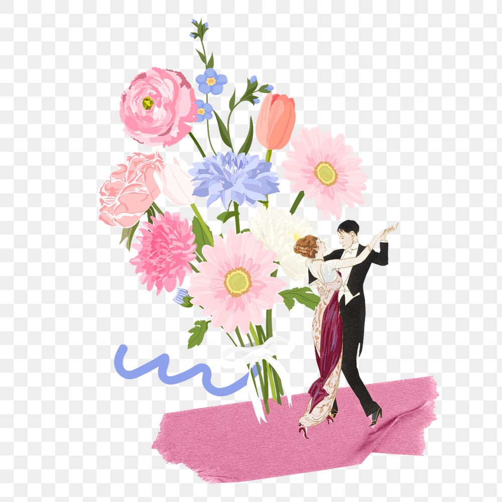 Aesthetic flower bouquet sticker, couple dancing illustration, editable design