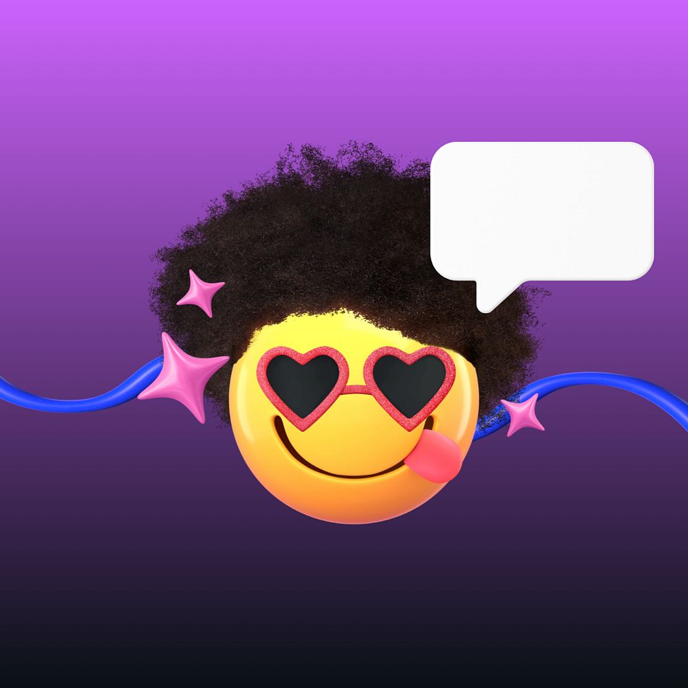 3D Afro emoticon, gradient purple speech bubble, editable design