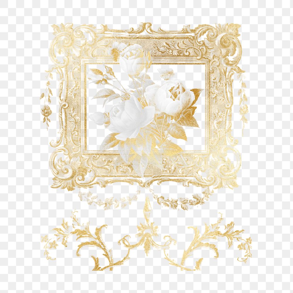 Editable gold floral picture frame clipart, remixed by rawpixel