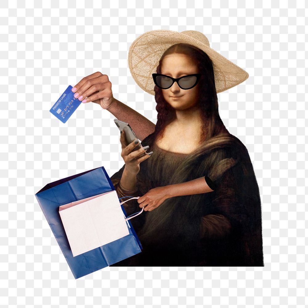 Mona Lisa shopping sticker, Leonardo da Vinci's artwork mixed media editable design. Remixed by rawpixel.