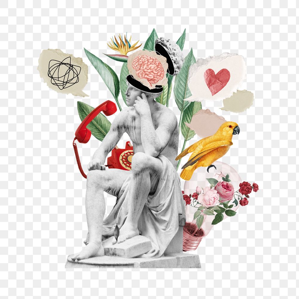 Pondering statue png sticker, mixed media editable design