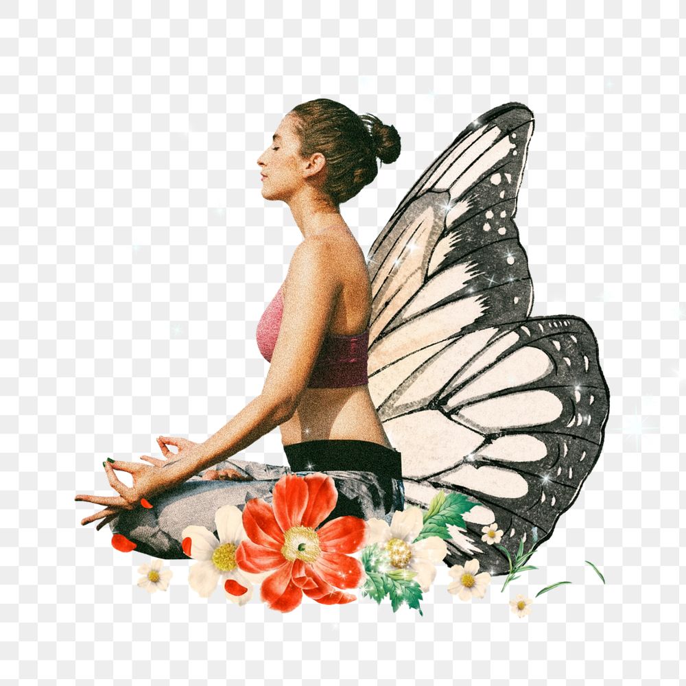 Butterfly yoga png sticker, mixed media editable design