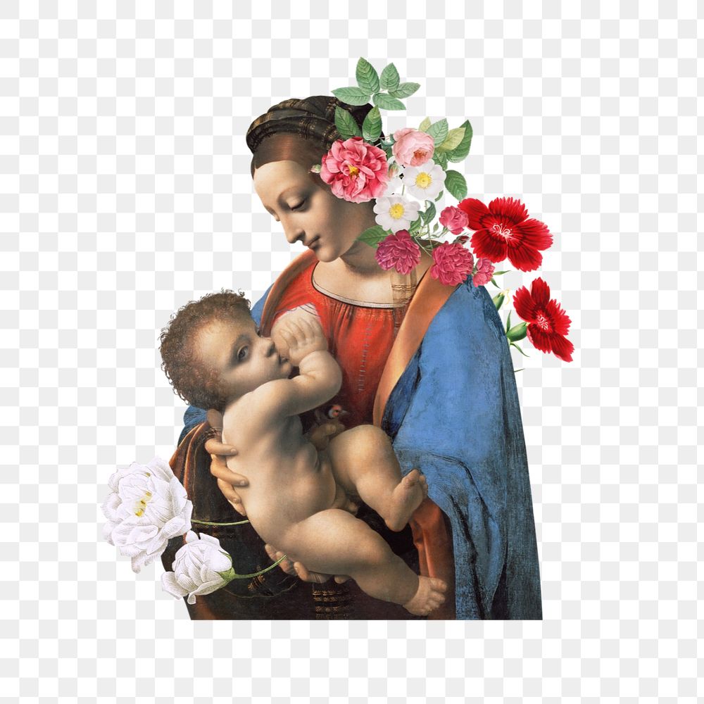 Mother and child png sticker, Madonna Litta, Leonardo da Vinci's artwork mixed media editable design. Remixed by rawpixel.