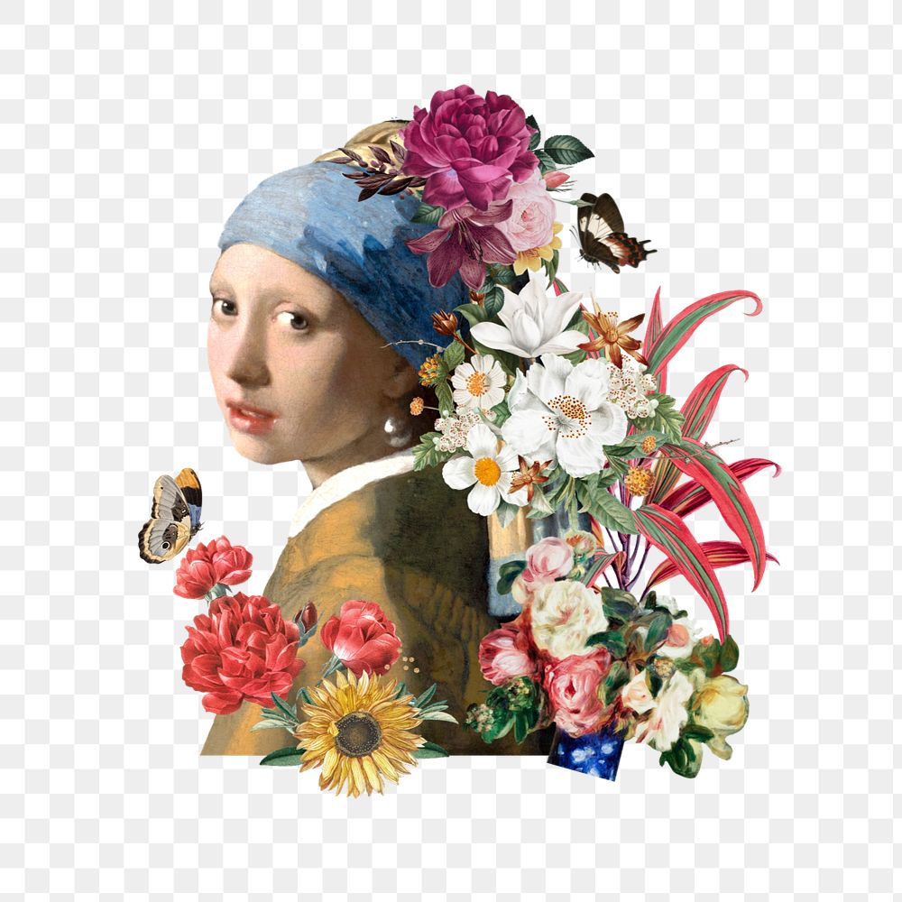 Floral lady png sticker, Johannes Vermeer's artwork mixed media editable design. Remixed by rawpixel.