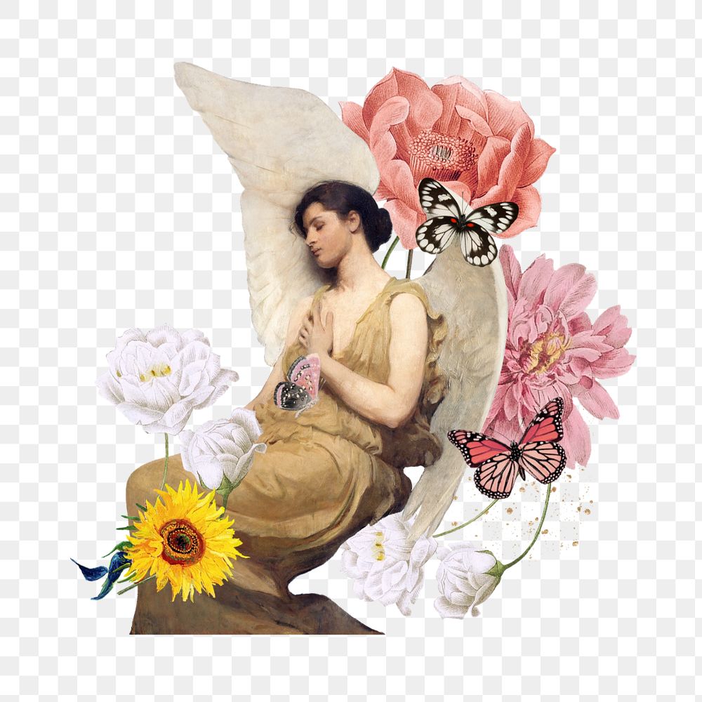 Floral angel png sticker, mixed media editable design. Remixed by rawpixel.