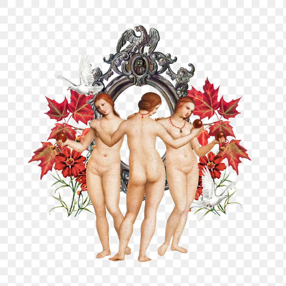 Three graces png sticker, Raphael's artwork mixed media editable design. Remixed by rawpixel.