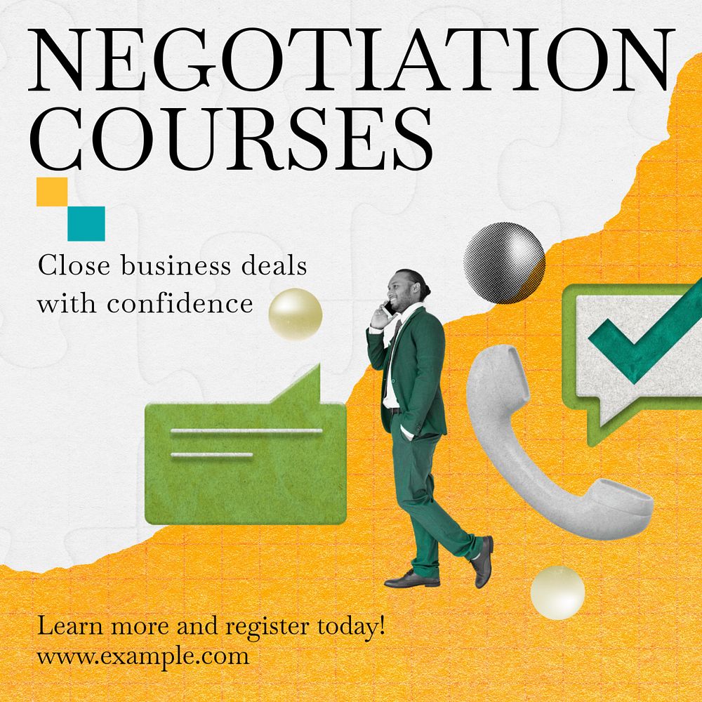 Negotiation courses Instagram post template, editable social media ad