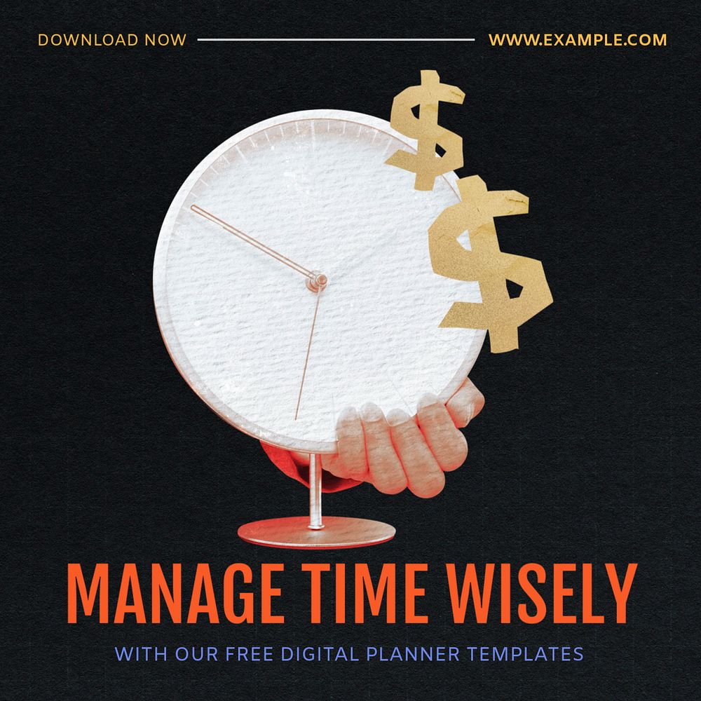 Manage time wisely Instagram post template, editable social media ad