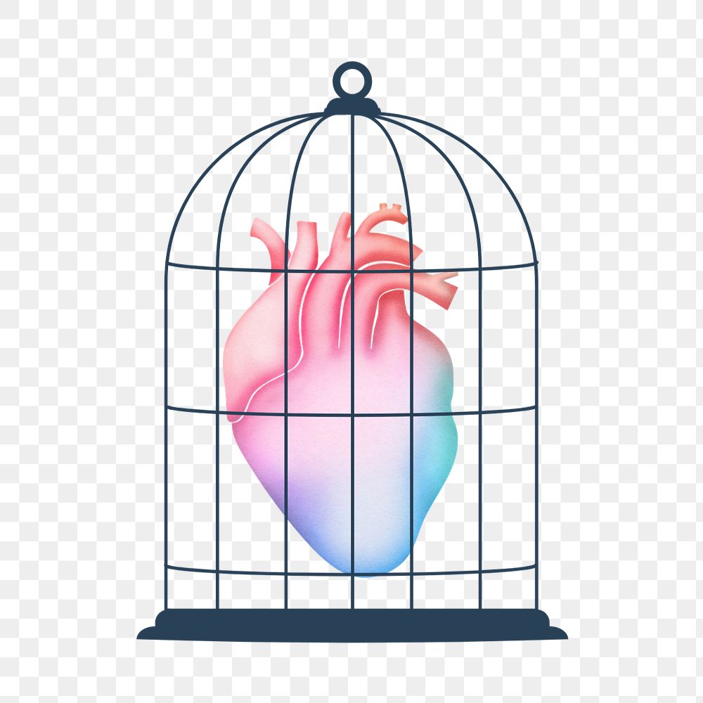 Caged human heart element, editable surreal collage design