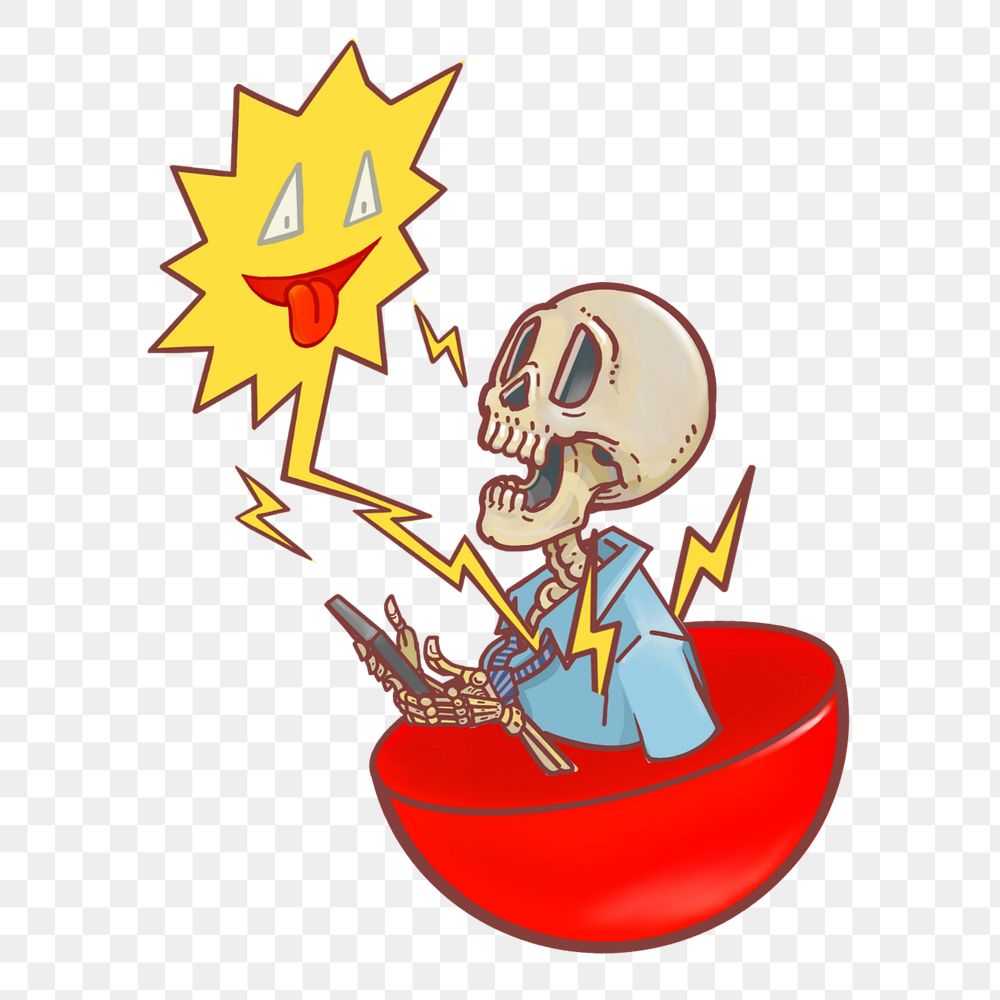 Funky skeleton holding smartphone element, editable social media addiction design