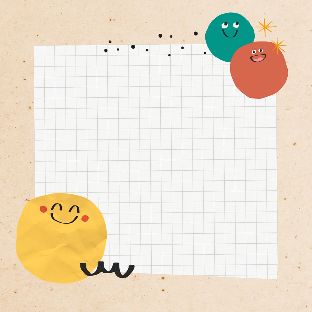 Editable grid note paper, happy emoticon doodle design 