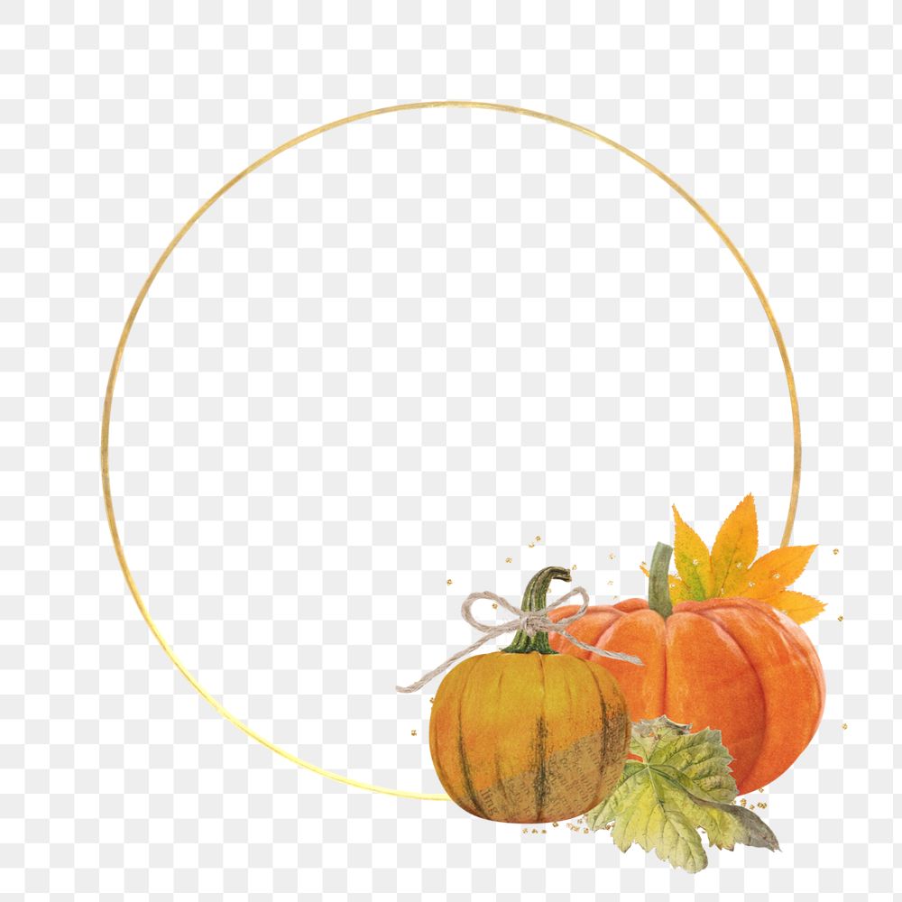 Autumn round gold frame element, editable pumpkin design