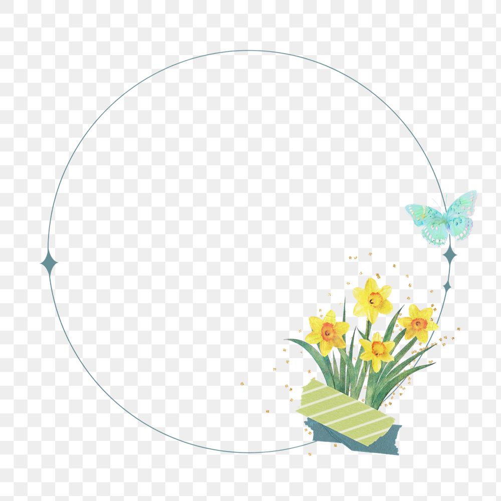 Spring round frame sticker, editable daffodil collage element remix design