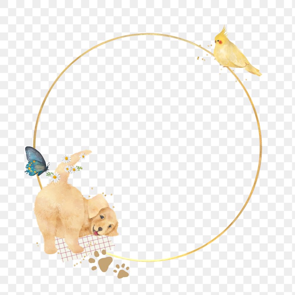 Pet gold frame element, editable Golden Retriever and bird collage design