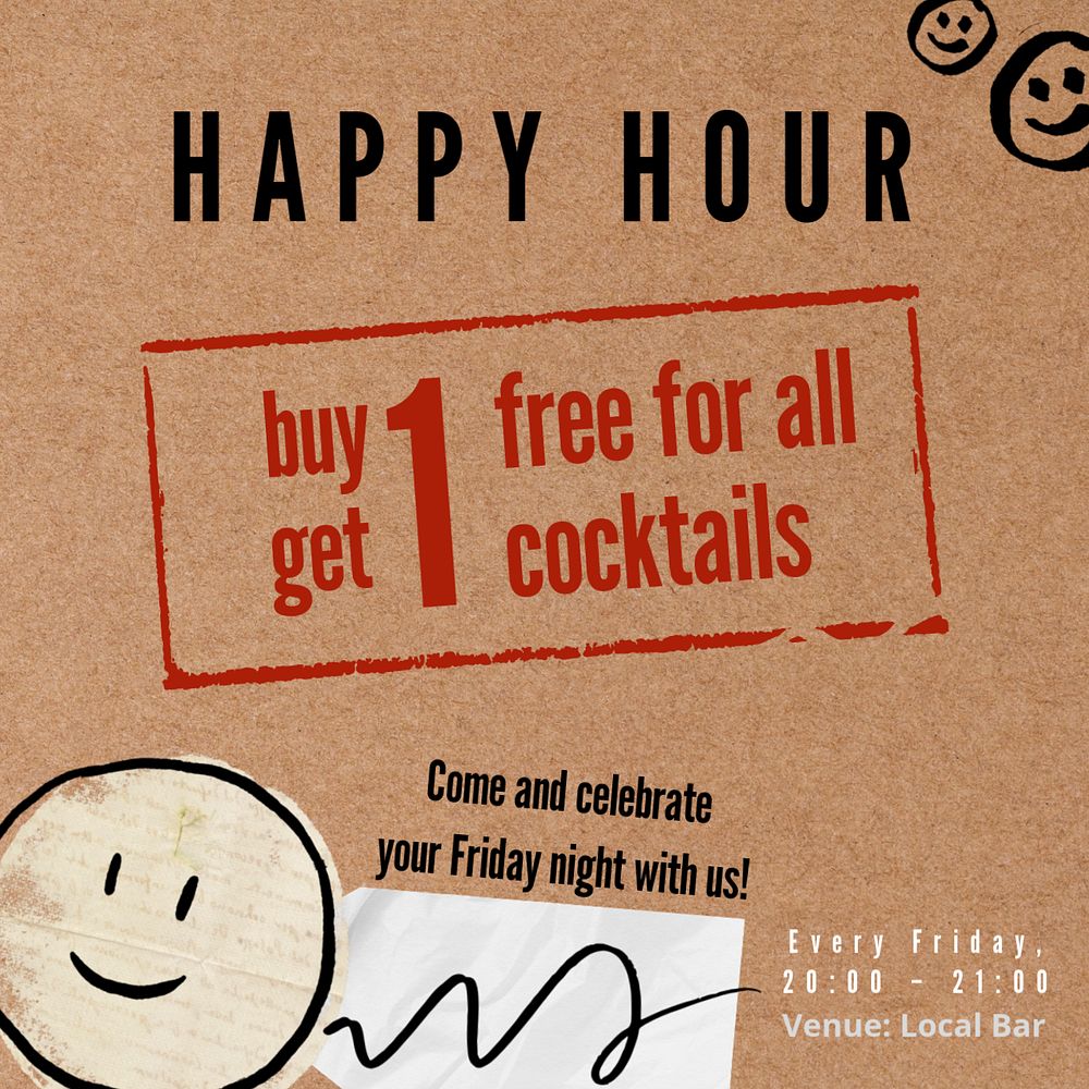 Happy hour Instagram post template, editable design