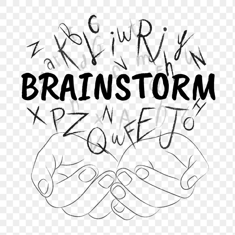 Brainstorm word sticker, editable typography, hands cupping alphabet letters