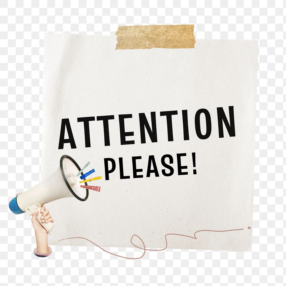 Editable reminder note, attention please element png, editable megaphone collage remix design