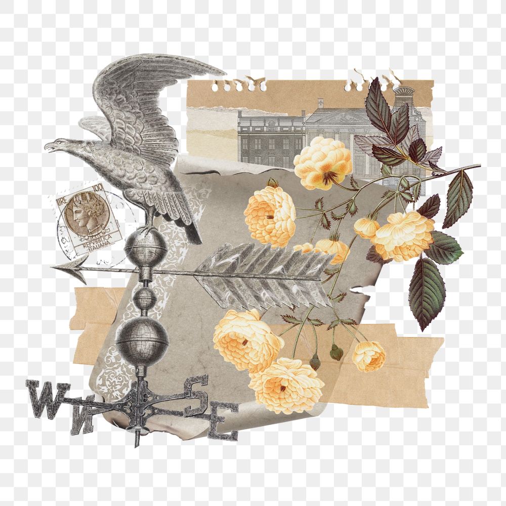 Vintage weather vane png sticker, flower collage, editable design