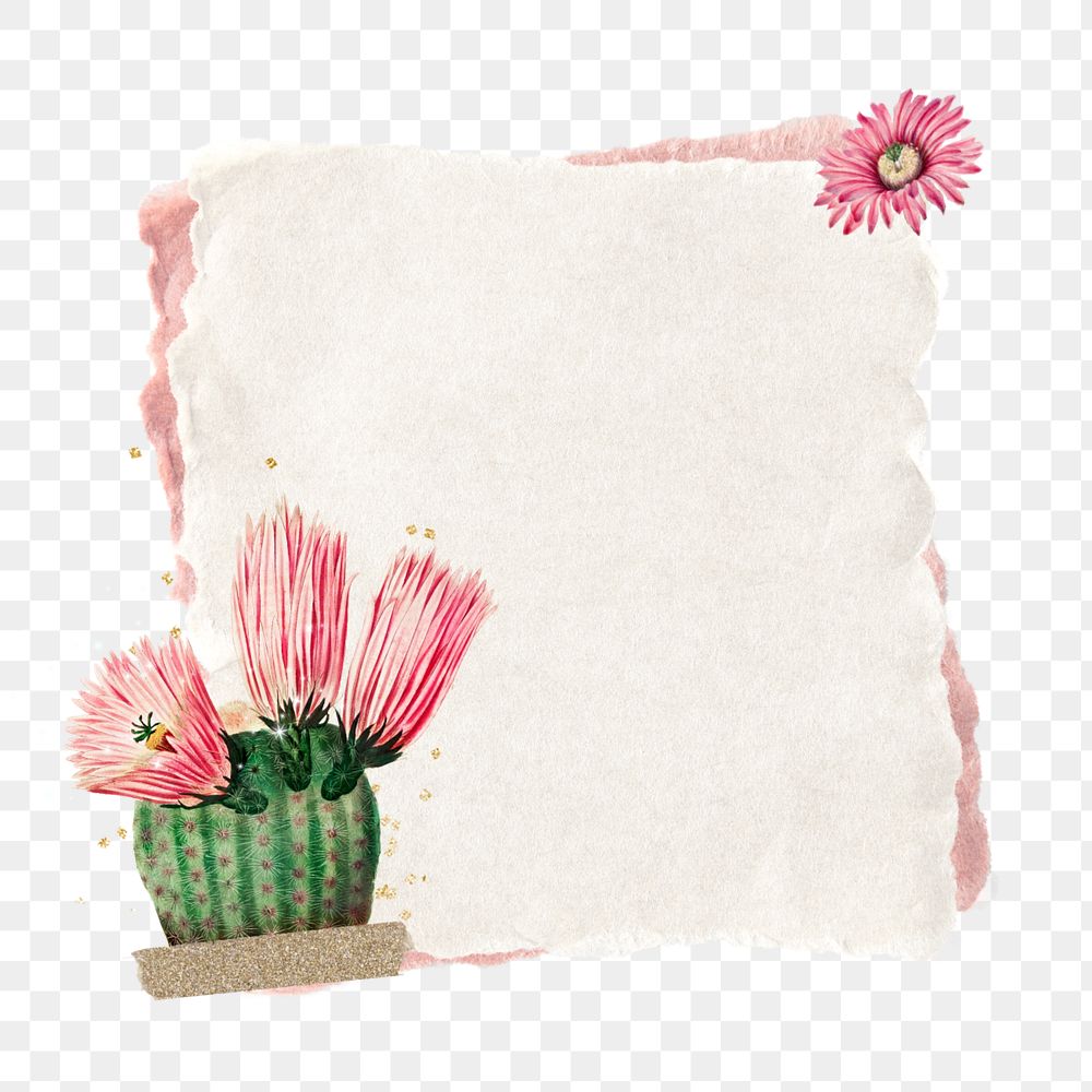 Pink cactus flower png, note paper remix, editable design