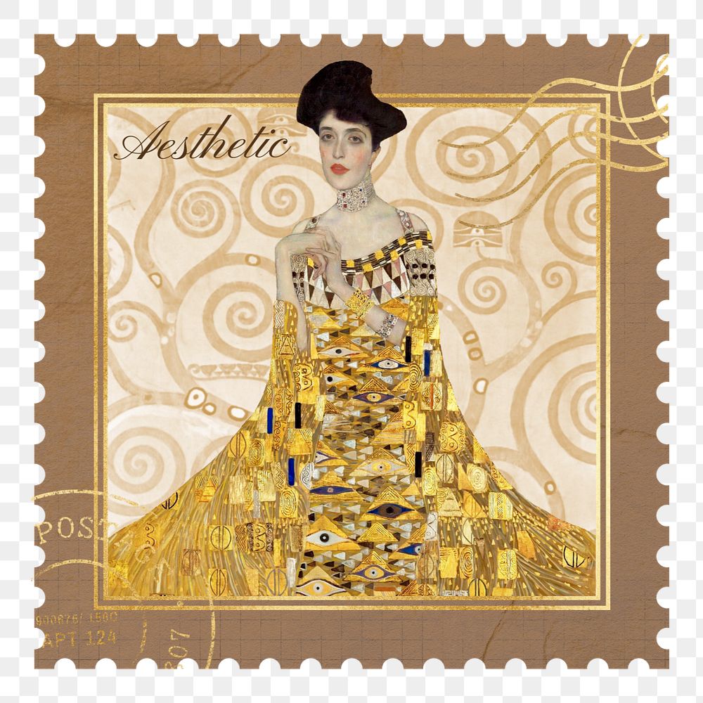 Gustav Klimt's postage stamp element, editable Portrait of Adele Bloch-Bauer I, famous painting design, remixed by rawpixel