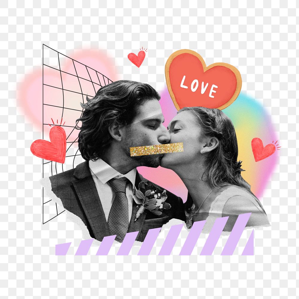 Kissing couple png, creative love remix, editable design