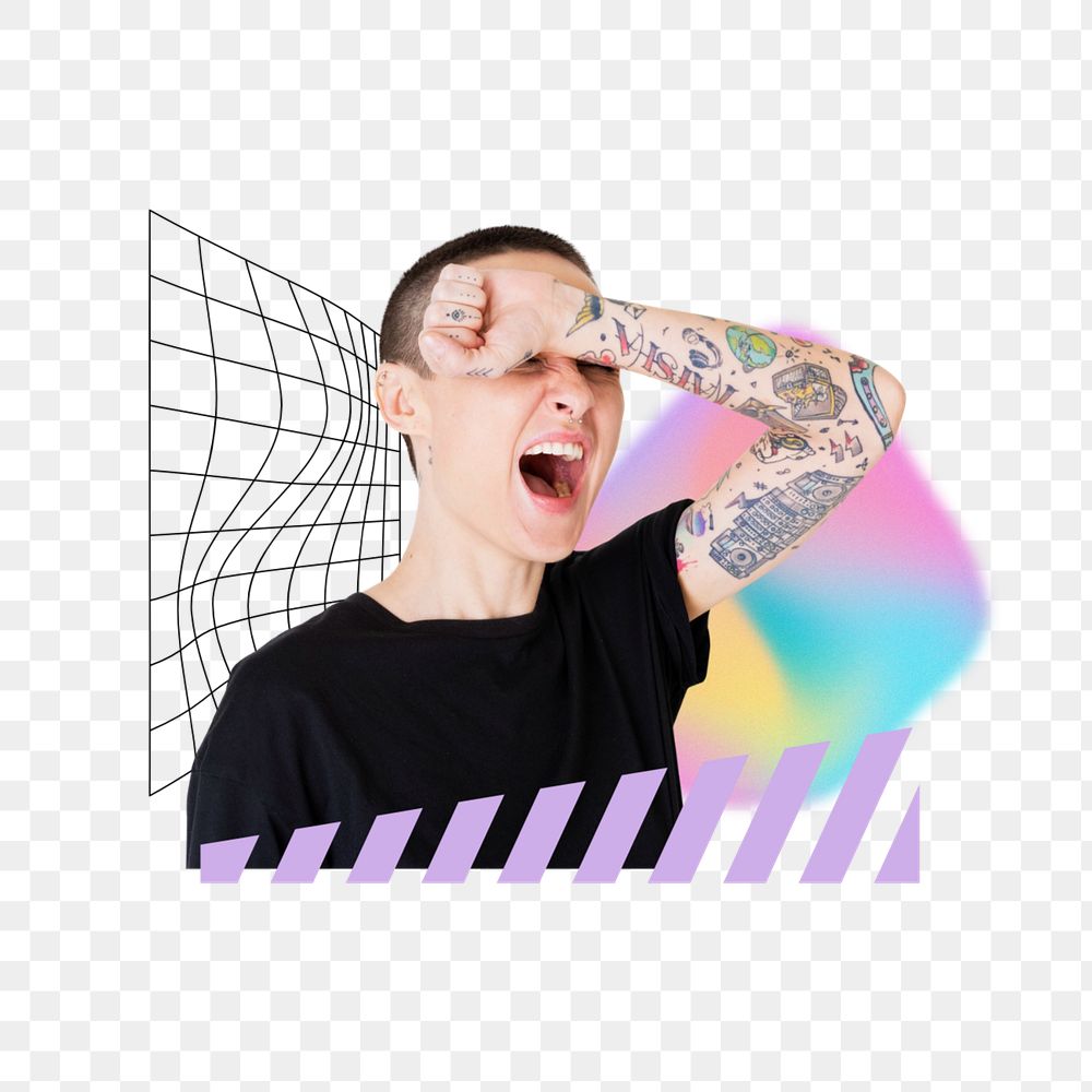 Tired tattooed woman yawning png, creative remix, editable design