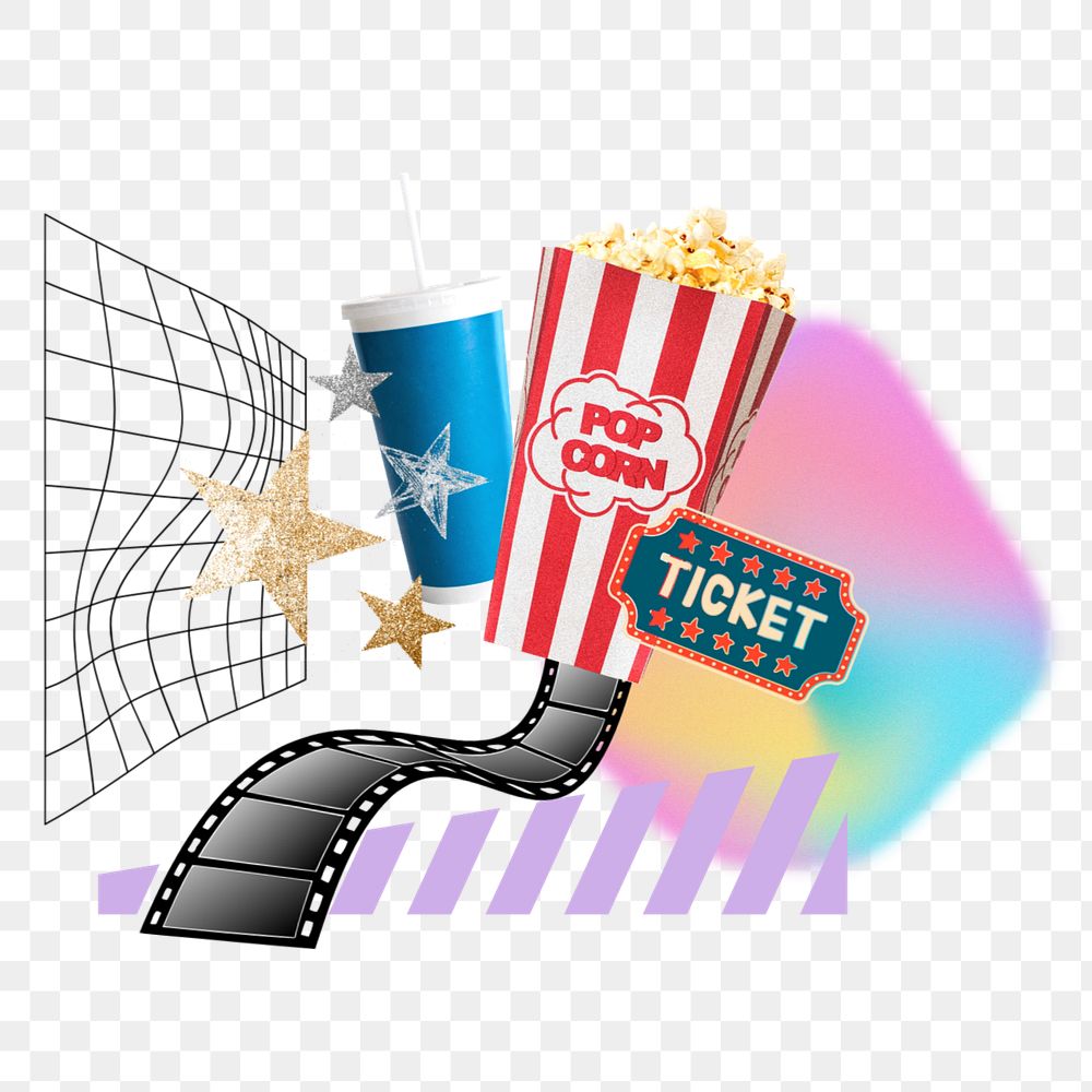 Popcorn, drink & movie png, creative entertainment remix, editable design