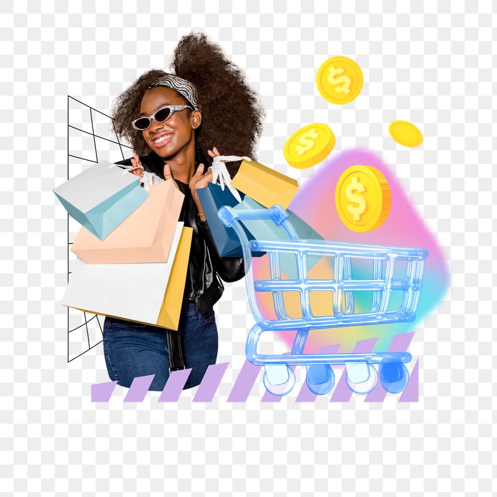 Happy woman shopping png, creative remix, editable design