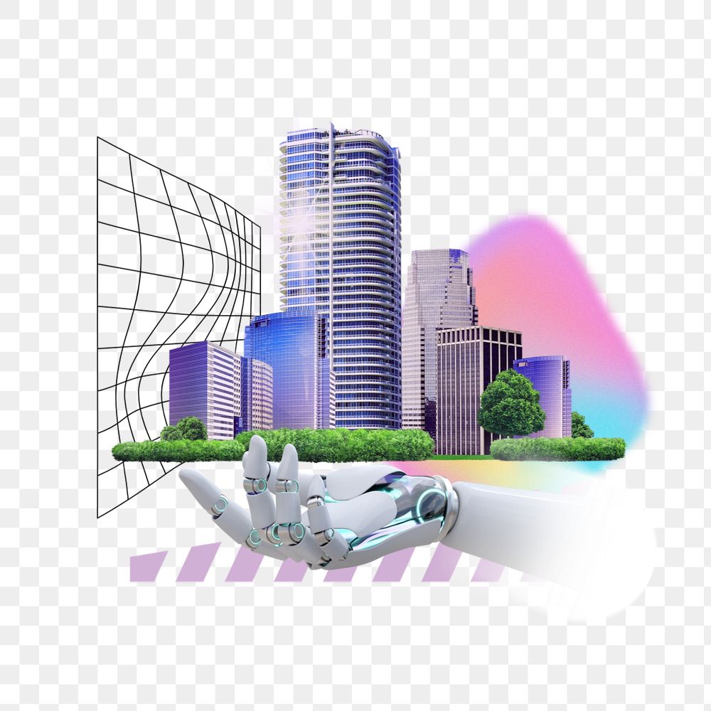 Smart city remix png, robot hand image, editable design