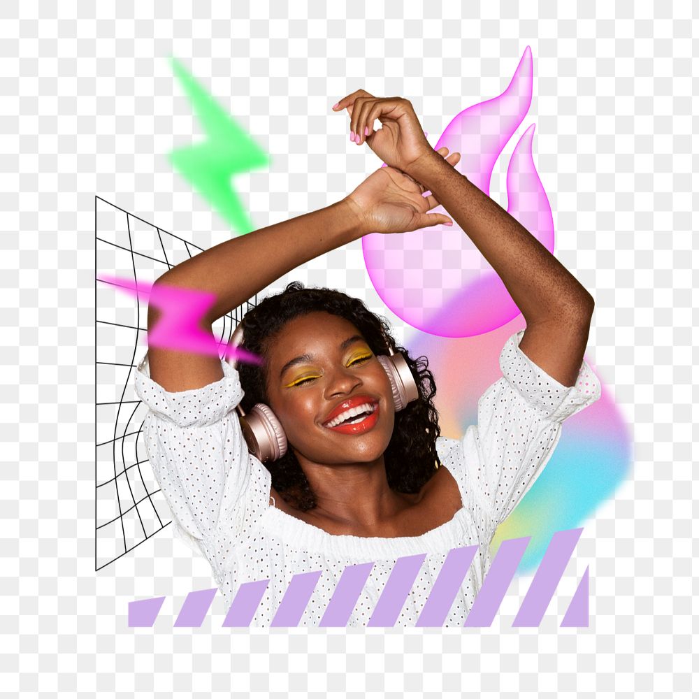 Woman listening to music png, hobby remix, editable design