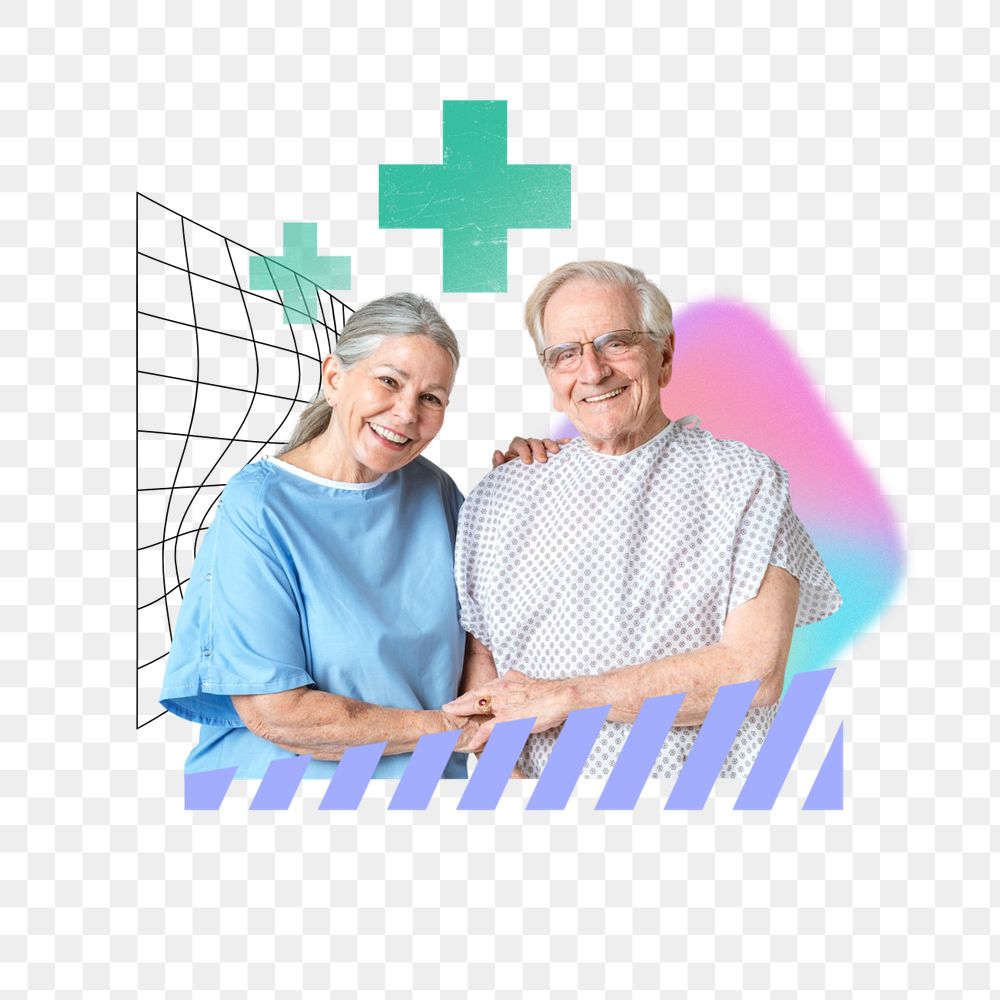 Senior healthcare remix png, old couple smiling image, editable design