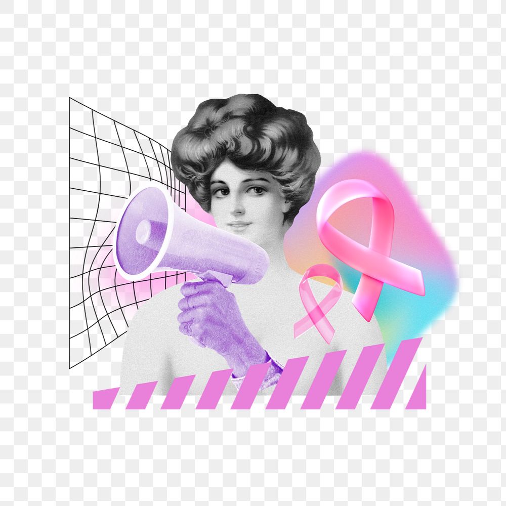 Breast cancer awareness png remix, woman holding megaphone, editable design