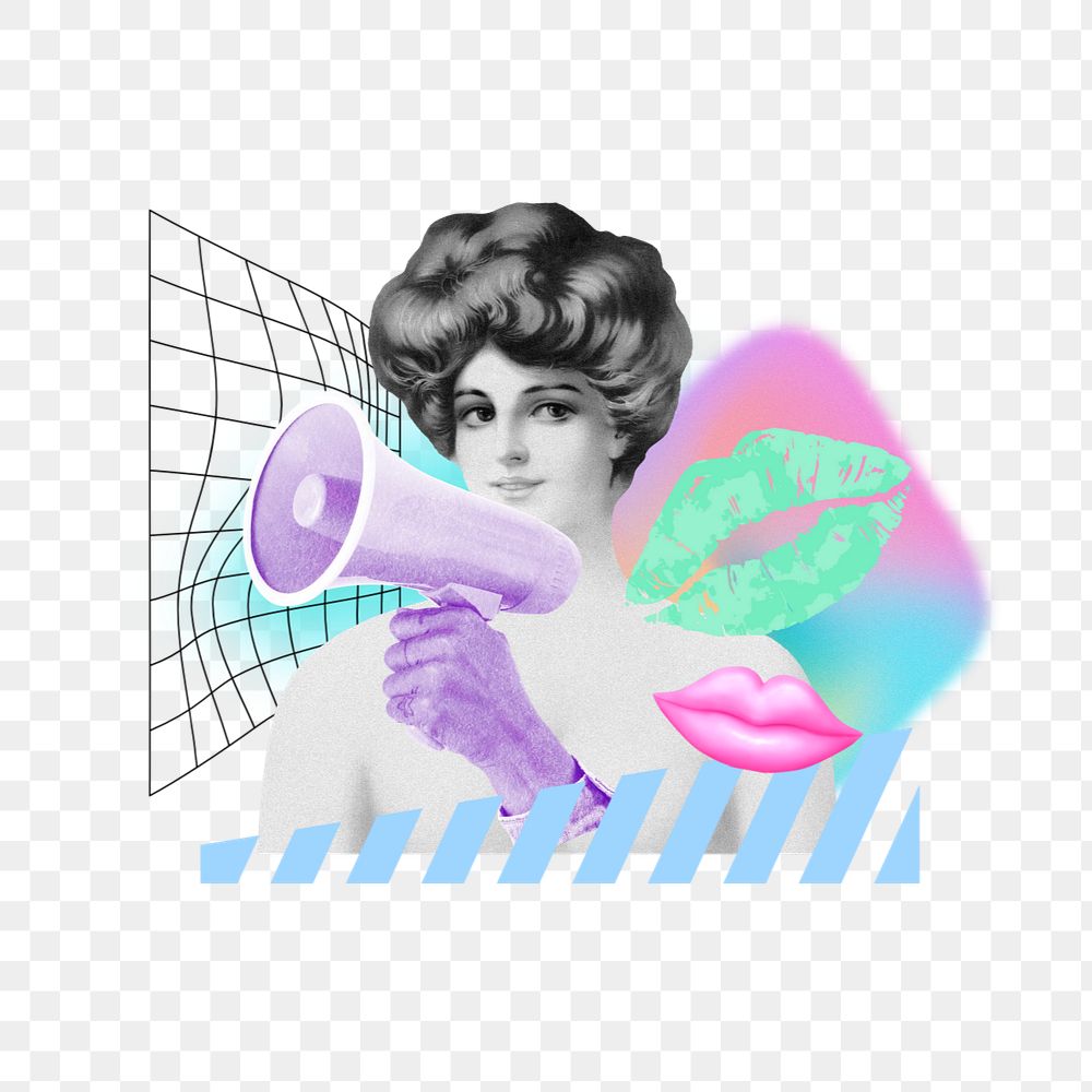 Woman holding megaphone png, online dating remix, editable design