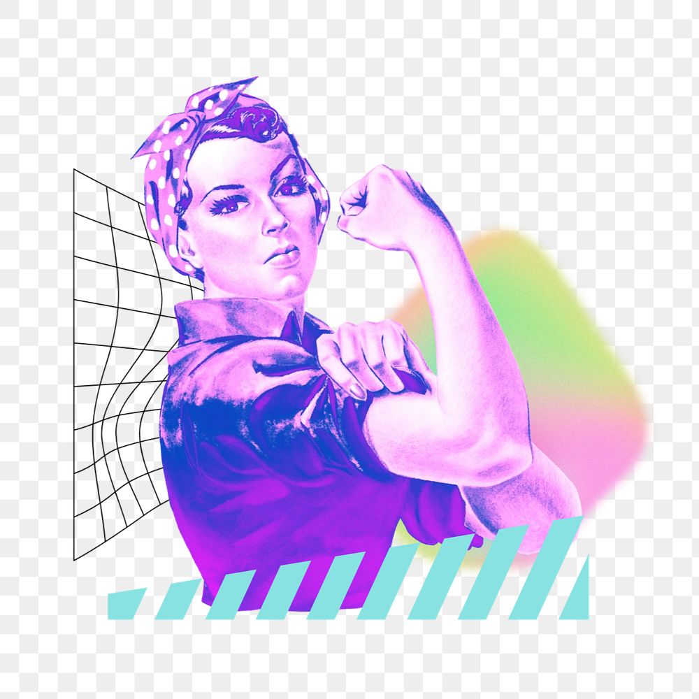 Vintage woman flexing png, feminist remix, editable design