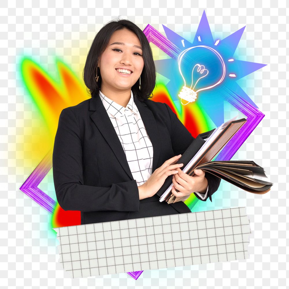 Smiling businesswoman png sticker, creative neon gradient remix, editable design