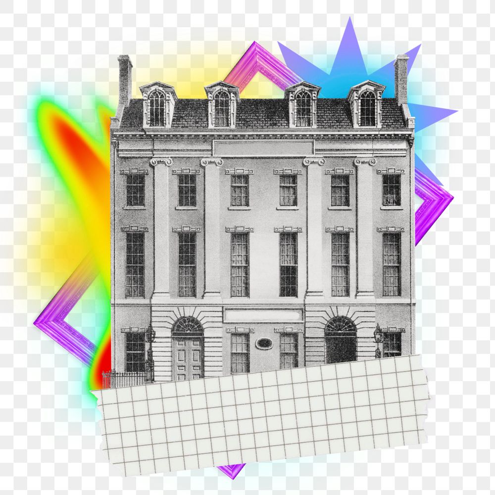 Vintage building png sticker, creative neon gradient remix, editable design